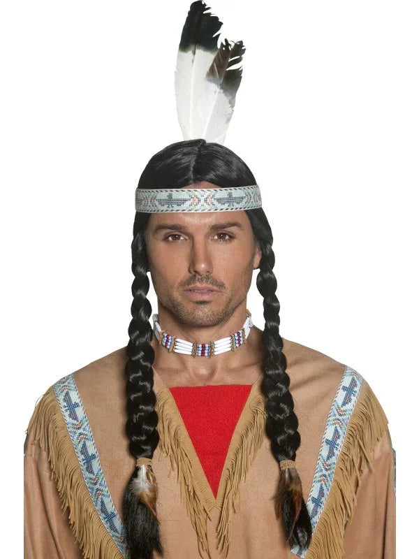 Peluca de Indio con Trenzas y Plumas Complementos Indios Smiffys